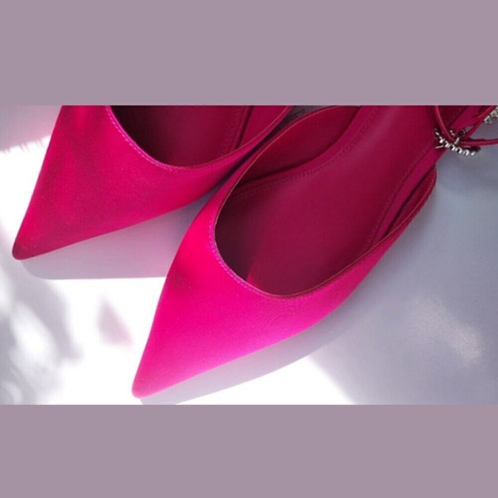 MANGO Fuchsia Satin Rhinestone Pointed Toe Flats NWT Barbiecore Shoes - Picture 14 of 16